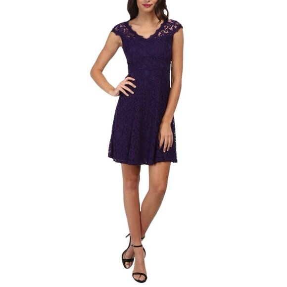 Adrianna Papell Dress Dark Purple 6P 6 P Short Sleeve Lace Sheath Wedding Party - Picture 1 of 8